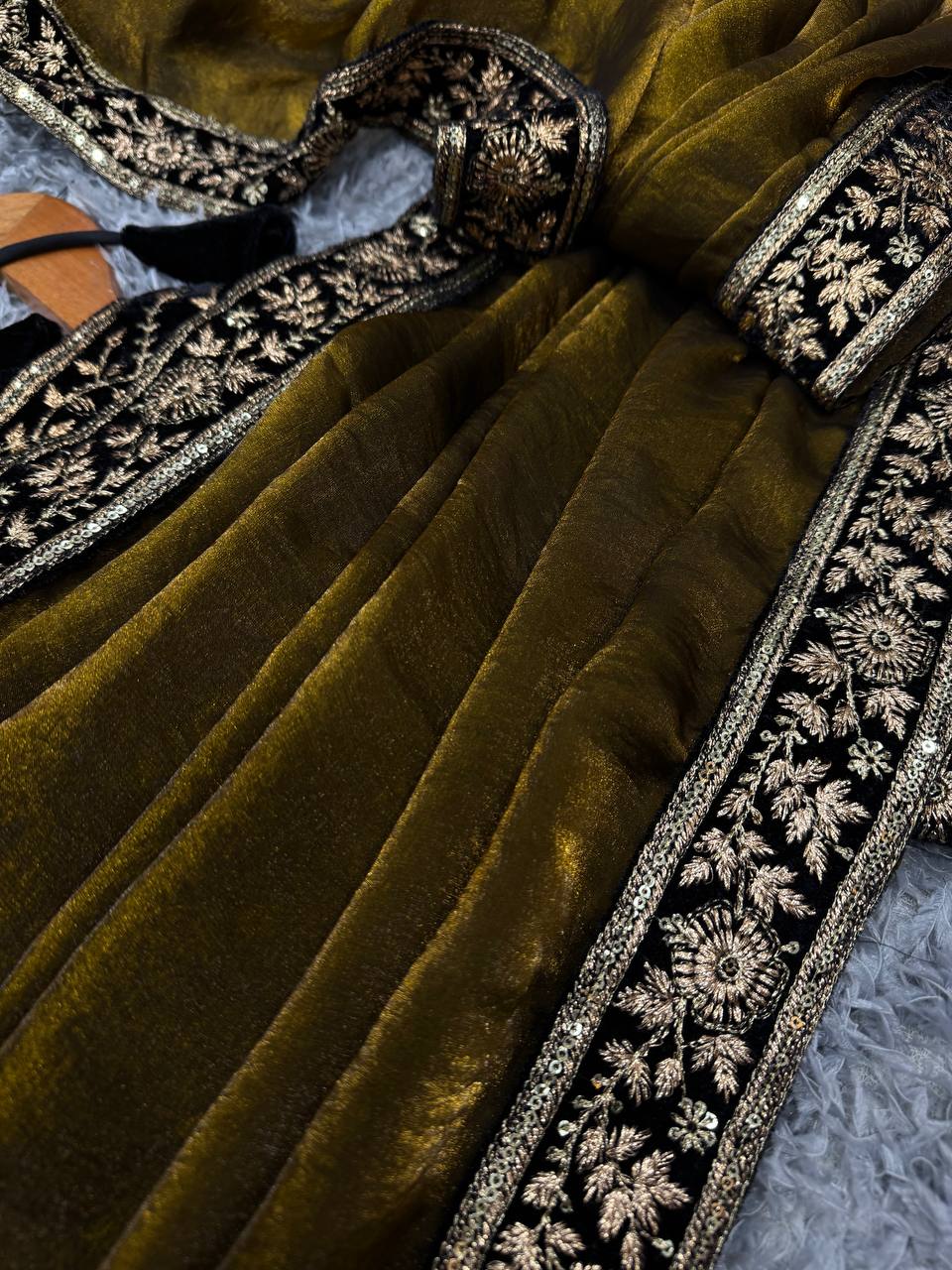 Women's Luxe Olive-Gold Silk Saree with Heavily Embellished Blouse & Border – Ideal for Evening, Wedding & Reception Wear