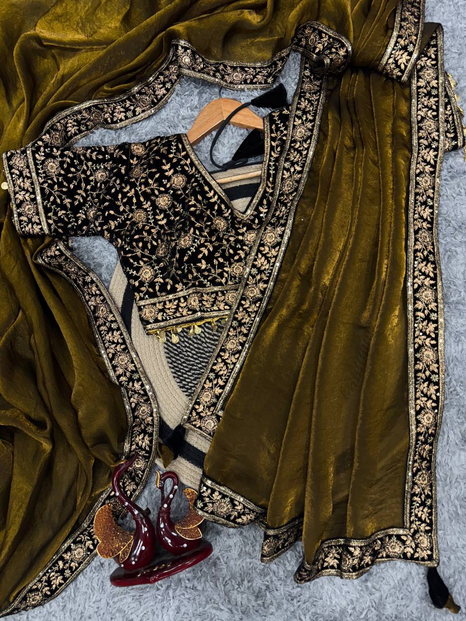 Women's Luxe Olive-Gold Silk Saree with Heavily Embellished Blouse & Border – Ideal for Evening, Wedding & Reception Wear