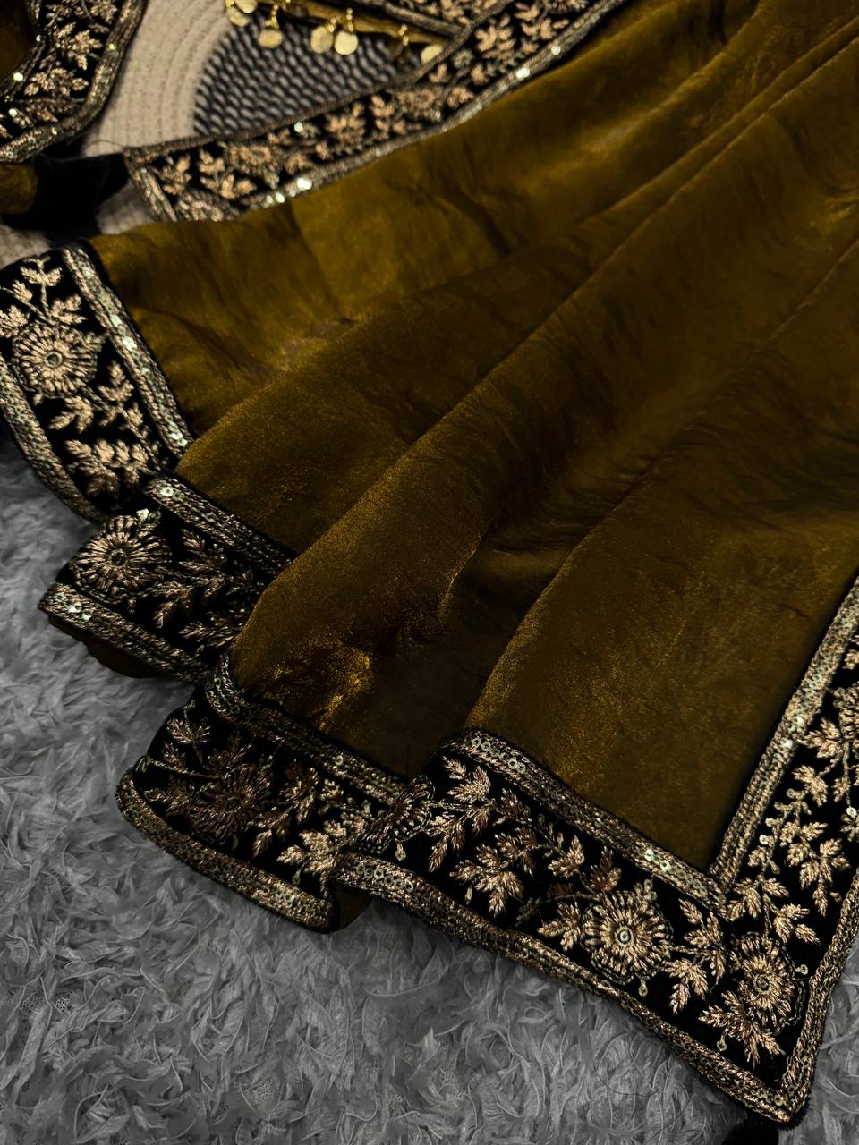Women's Luxe Olive-Gold Silk Saree with Heavily Embellished Blouse & Border – Ideal for Evening, Wedding & Reception Wear