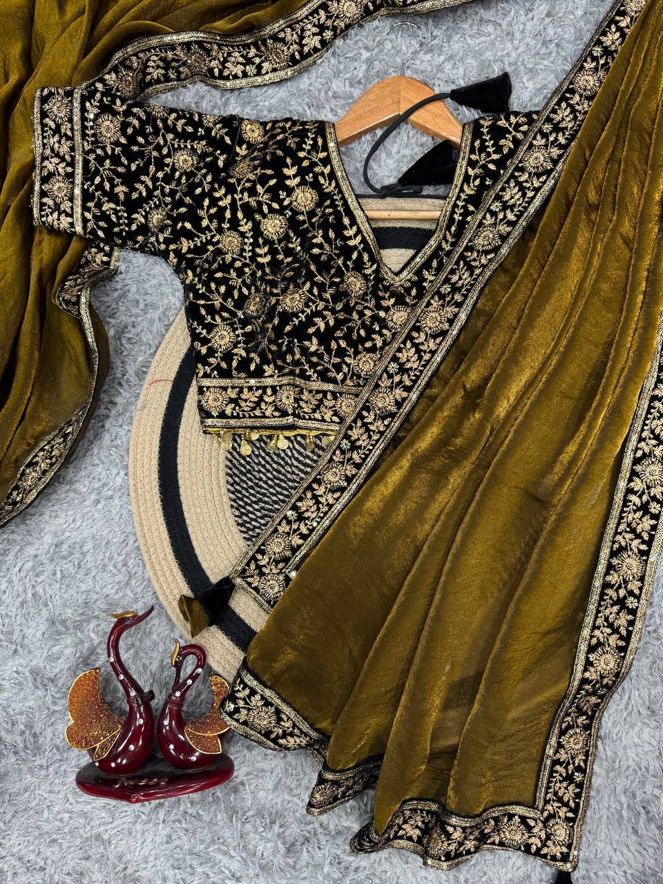 Women's Luxe Olive-Gold Silk Saree with Heavily Embellished Blouse & Border – Ideal for Evening, Wedding & Reception Wear