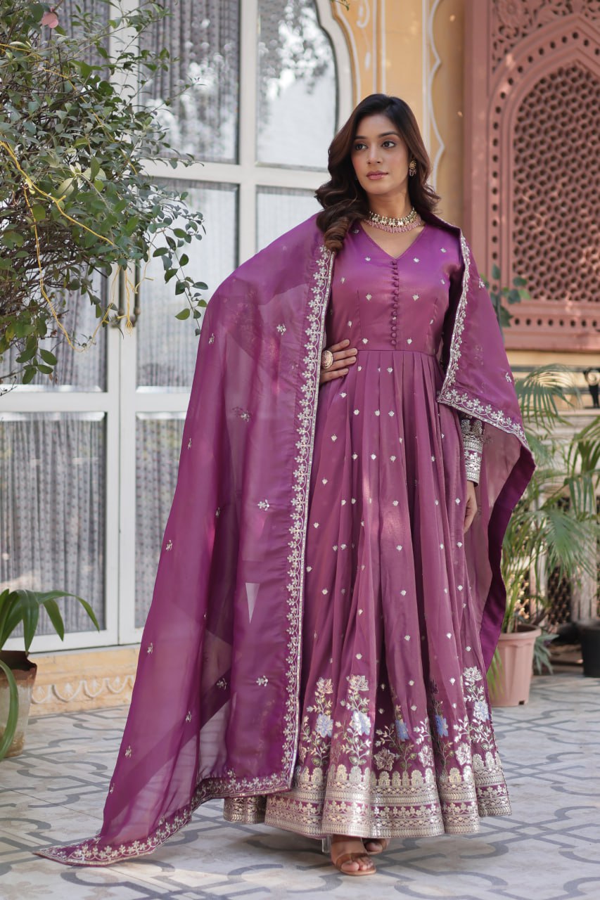 Women's Festive Rust Red Anarkali Gown with Intricate Silver Zari & Sequin Embroidery – Complete with Embroidered Dupatta