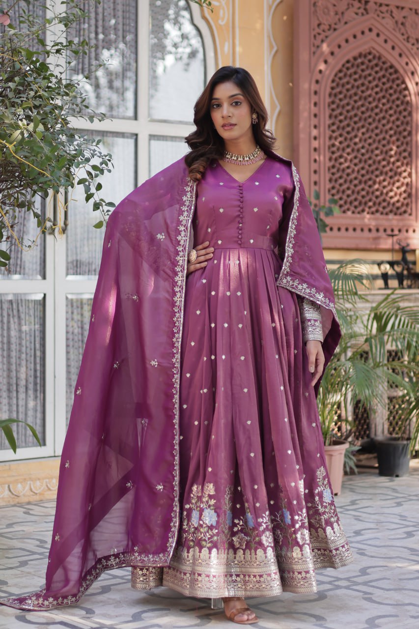 Women's Festive Rust Red Anarkali Gown with Intricate Silver Zari & Sequin Embroidery – Complete with Embroidered Dupatta