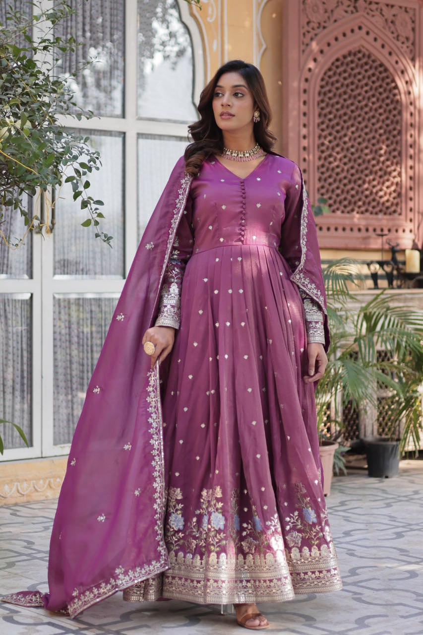 Women's Festive Rust Red Anarkali Gown with Intricate Silver Zari & Sequin Embroidery – Complete with Embroidered Dupatta