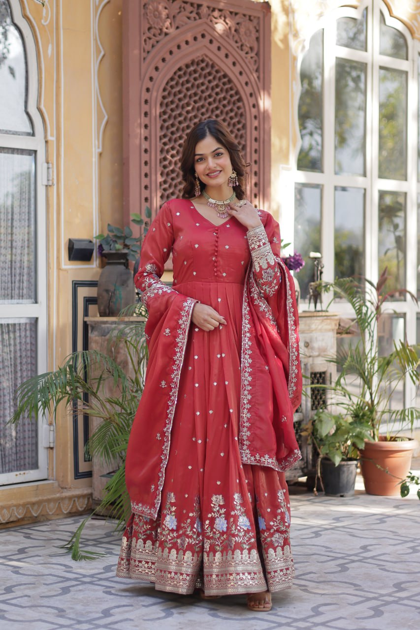 Women's Festive Rust Red Anarkali Gown with Intricate Silver Zari & Sequin Embroidery – Complete with Embroidered Dupatta