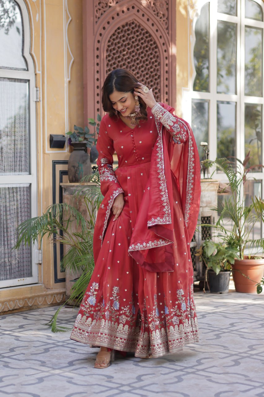 Women's Festive Rust Red Anarkali Gown with Intricate Silver Zari & Sequin Embroidery – Complete with Embroidered Dupatta