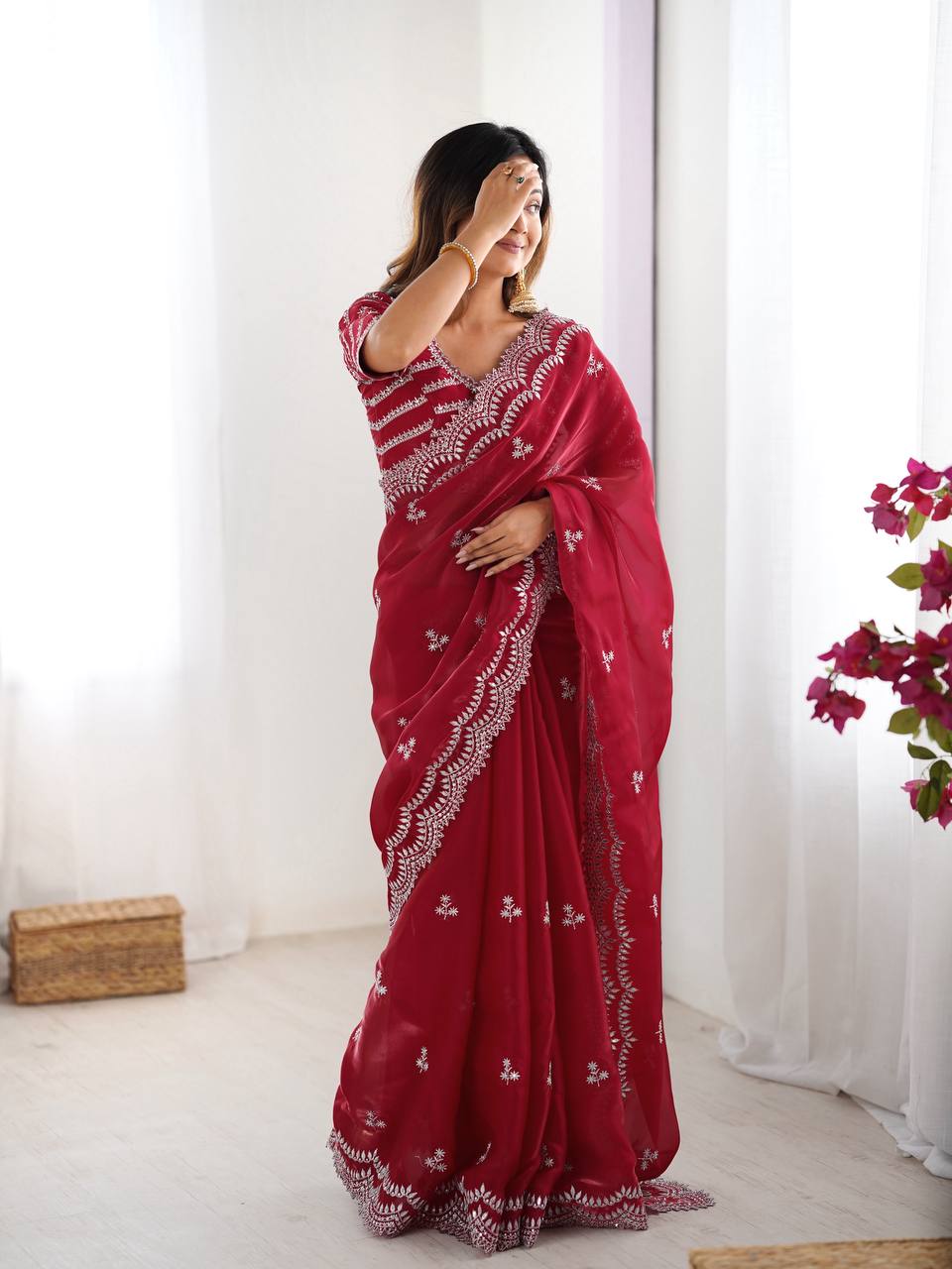 Women's Elegant Regal Purple Georgette Saree with Intricate Silver Thread & Sequin Embroidery – Complete with Embellished Blouse Piece for Festive & Party Wear