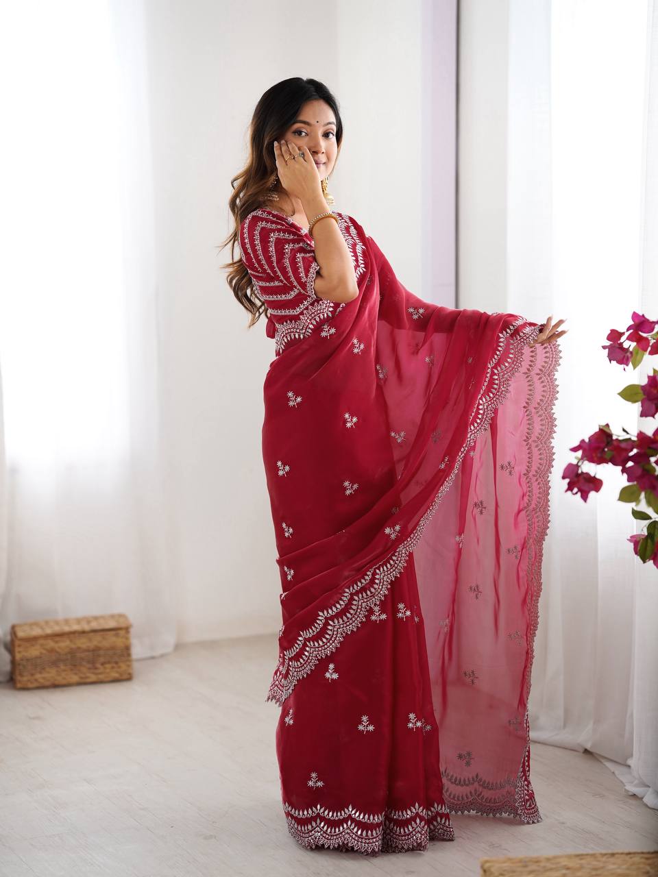 Women's Elegant Regal Purple Georgette Saree with Intricate Silver Thread & Sequin Embroidery – Complete with Embellished Blouse Piece for Festive & Party Wear