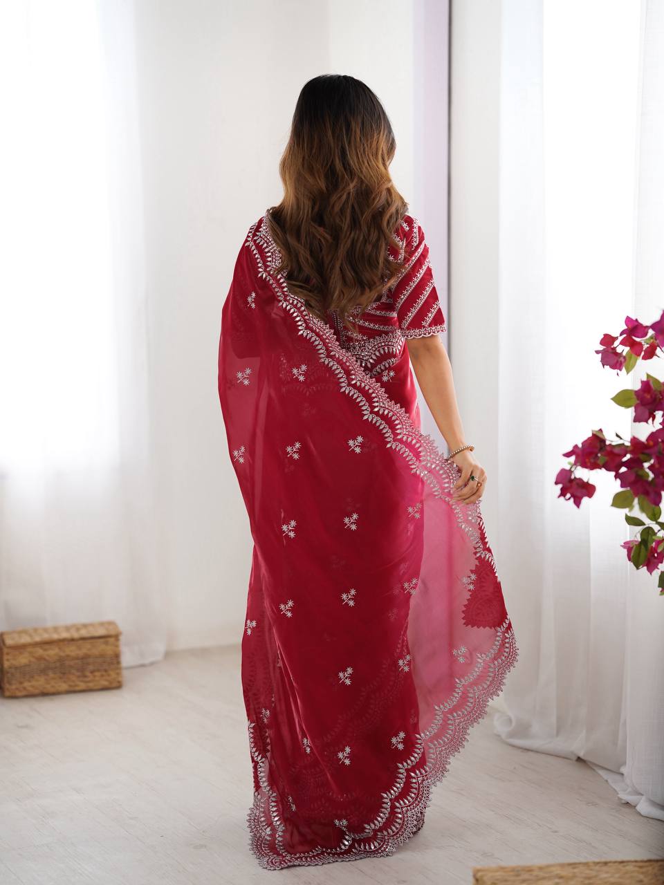 Women's Elegant Regal Purple Georgette Saree with Intricate Silver Thread & Sequin Embroidery – Complete with Embellished Blouse Piece for Festive & Party Wear