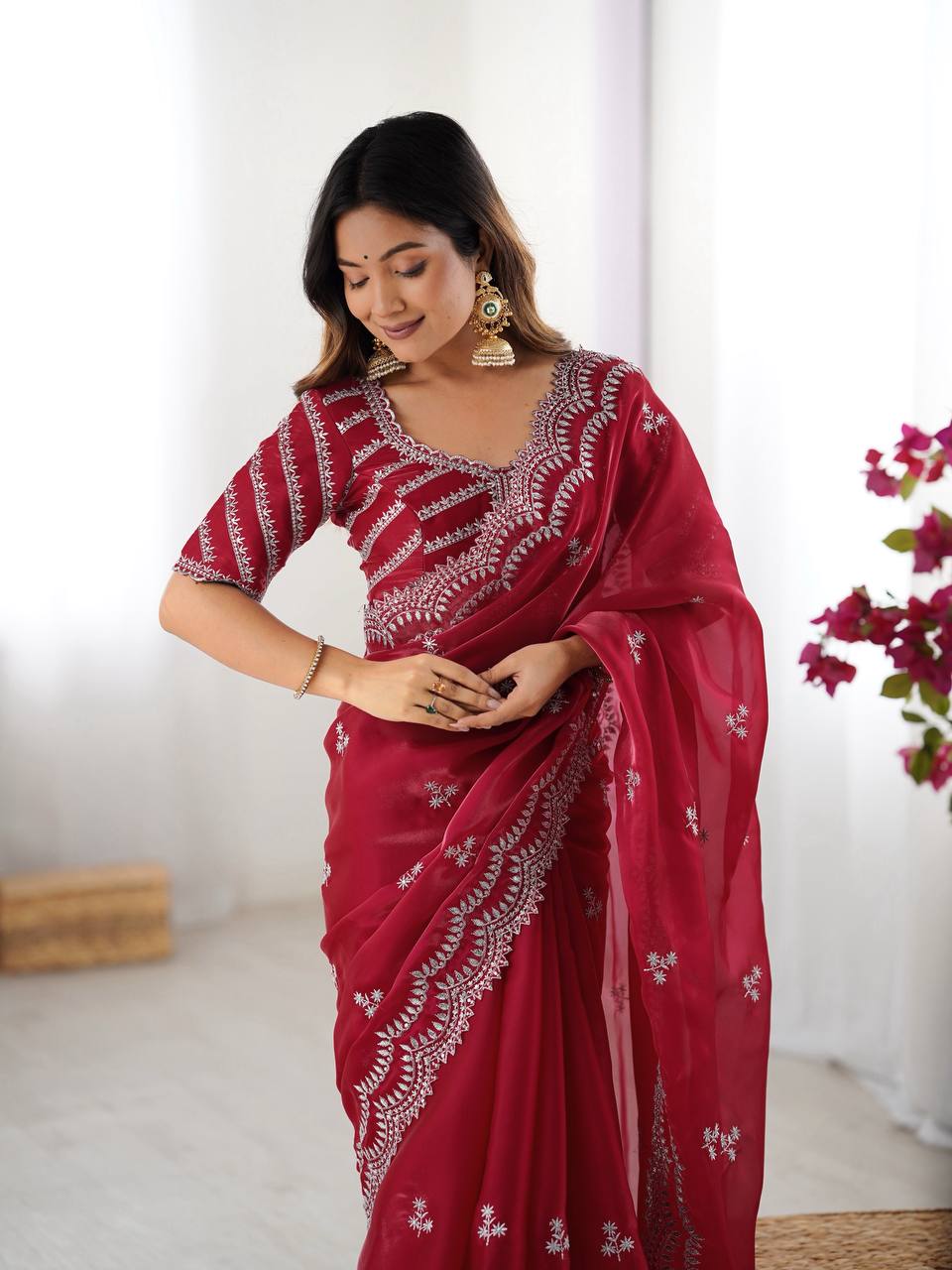 Women's Elegant Regal Purple Georgette Saree with Intricate Silver Thread & Sequin Embroidery – Complete with Embellished Blouse Piece for Festive & Party Wear