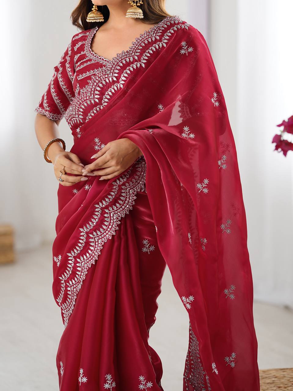 Women's Elegant Regal Purple Georgette Saree with Intricate Silver Thread & Sequin Embroidery – Complete with Embellished Blouse Piece for Festive & Party Wear