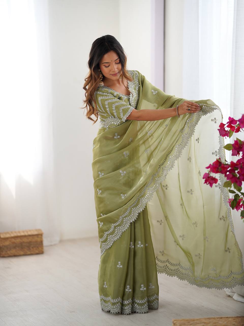 Women's Elegant Regal Purple Georgette Saree with Intricate Silver Thread & Sequin Embroidery – Complete with Embellished Blouse Piece for Festive & Party Wear