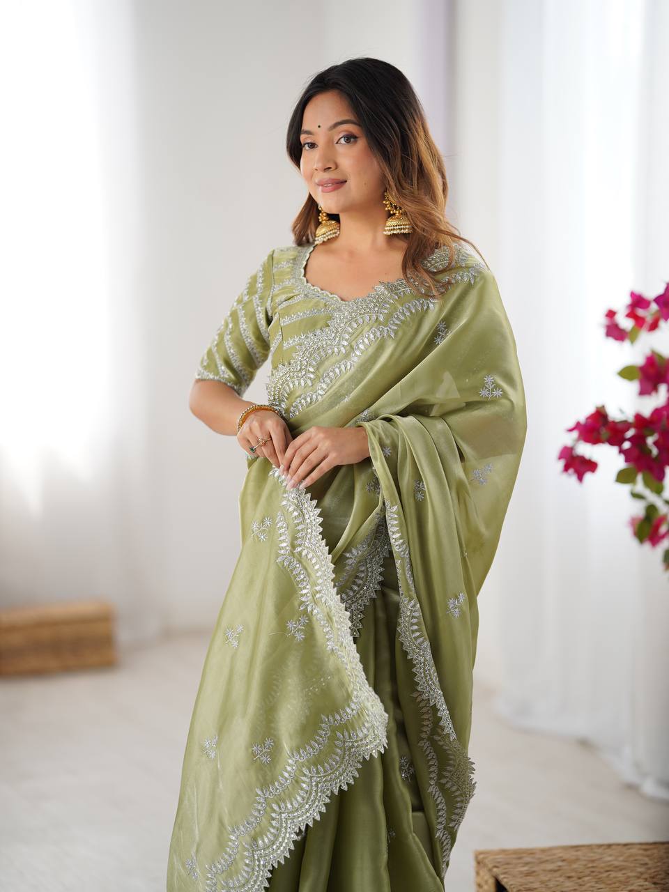 Women's Elegant Regal Purple Georgette Saree with Intricate Silver Thread & Sequin Embroidery – Complete with Embellished Blouse Piece for Festive & Party Wear