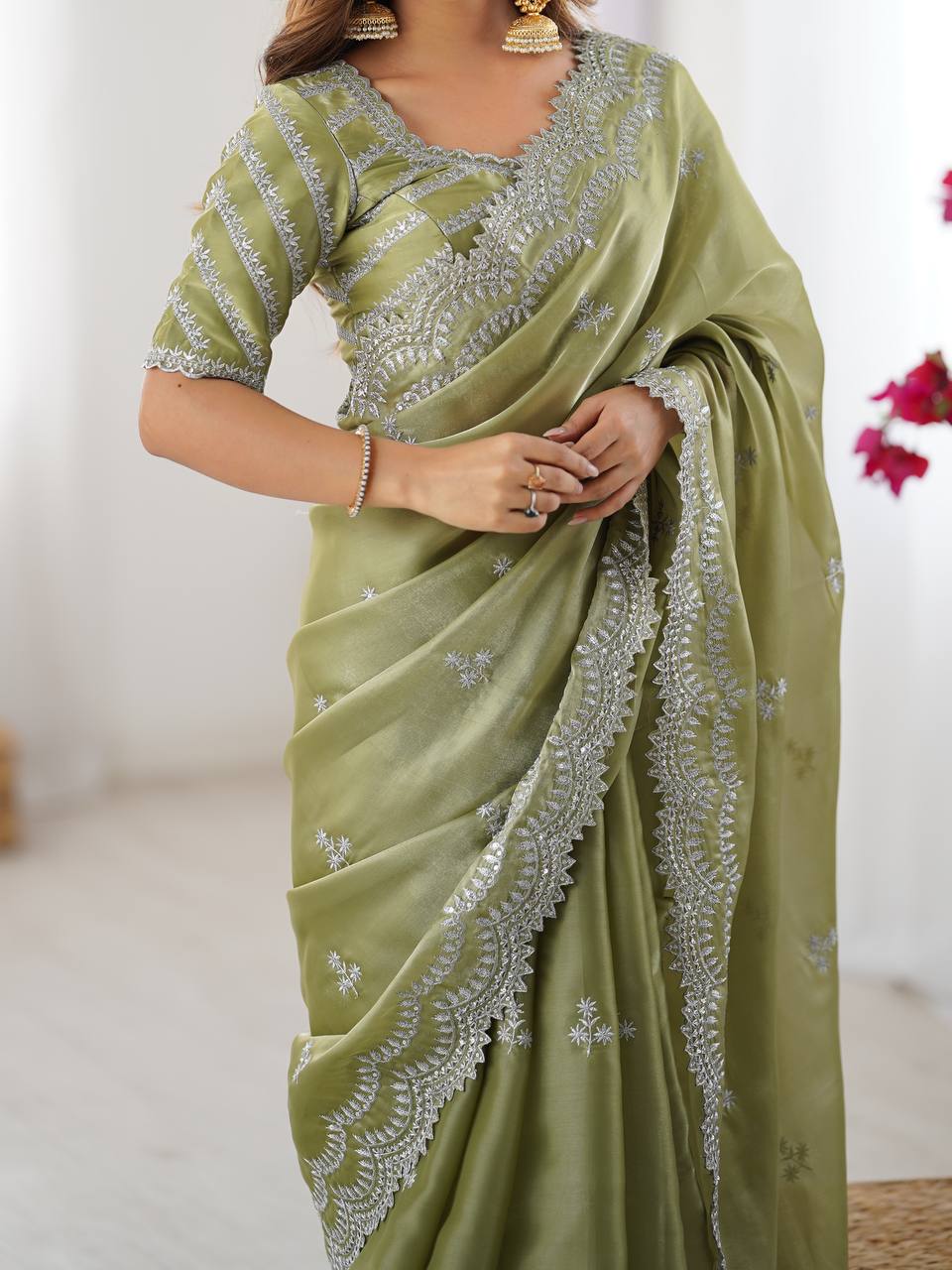 Women's Elegant Regal Purple Georgette Saree with Intricate Silver Thread & Sequin Embroidery – Complete with Embellished Blouse Piece for Festive & Party Wear