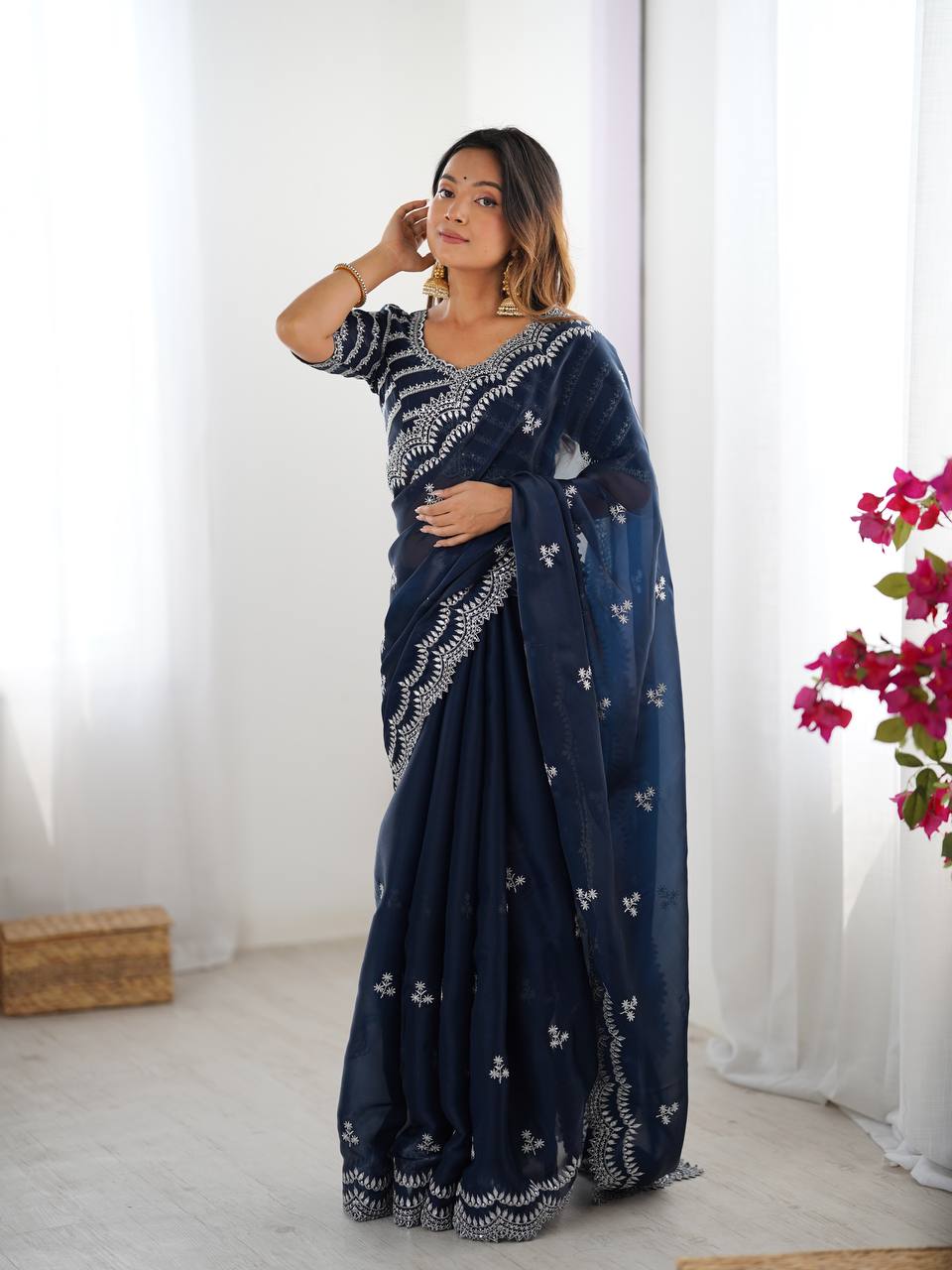 Women's Elegant Regal Purple Georgette Saree with Intricate Silver Thread & Sequin Embroidery – Complete with Embellished Blouse Piece for Festive & Party Wear