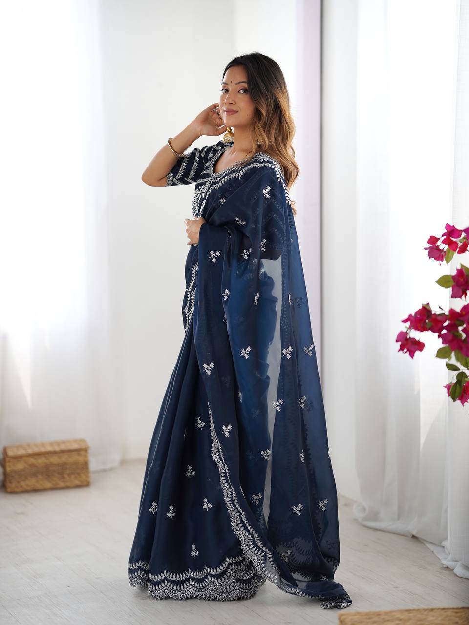 Women's Elegant Regal Purple Georgette Saree with Intricate Silver Thread & Sequin Embroidery – Complete with Embellished Blouse Piece for Festive & Party Wear