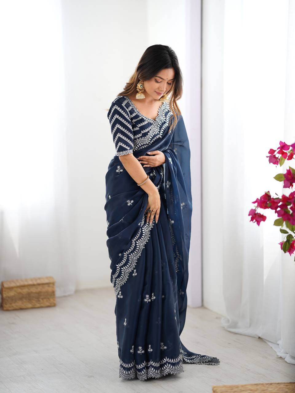 Women's Elegant Regal Purple Georgette Saree with Intricate Silver Thread & Sequin Embroidery – Complete with Embellished Blouse Piece for Festive & Party Wear
