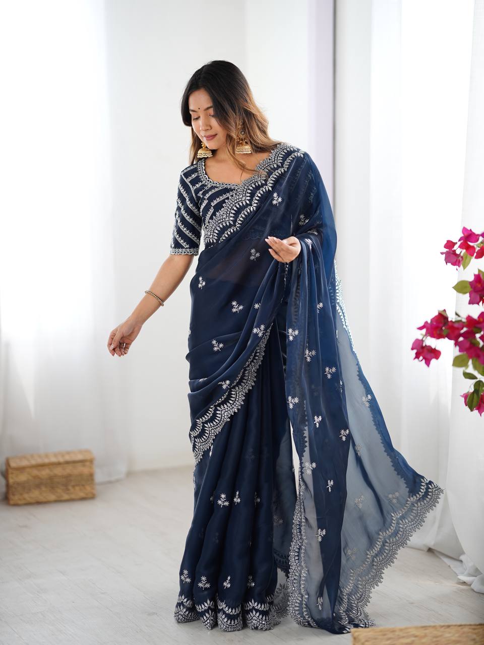 Women's Elegant Regal Purple Georgette Saree with Intricate Silver Thread & Sequin Embroidery – Complete with Embellished Blouse Piece for Festive & Party Wear