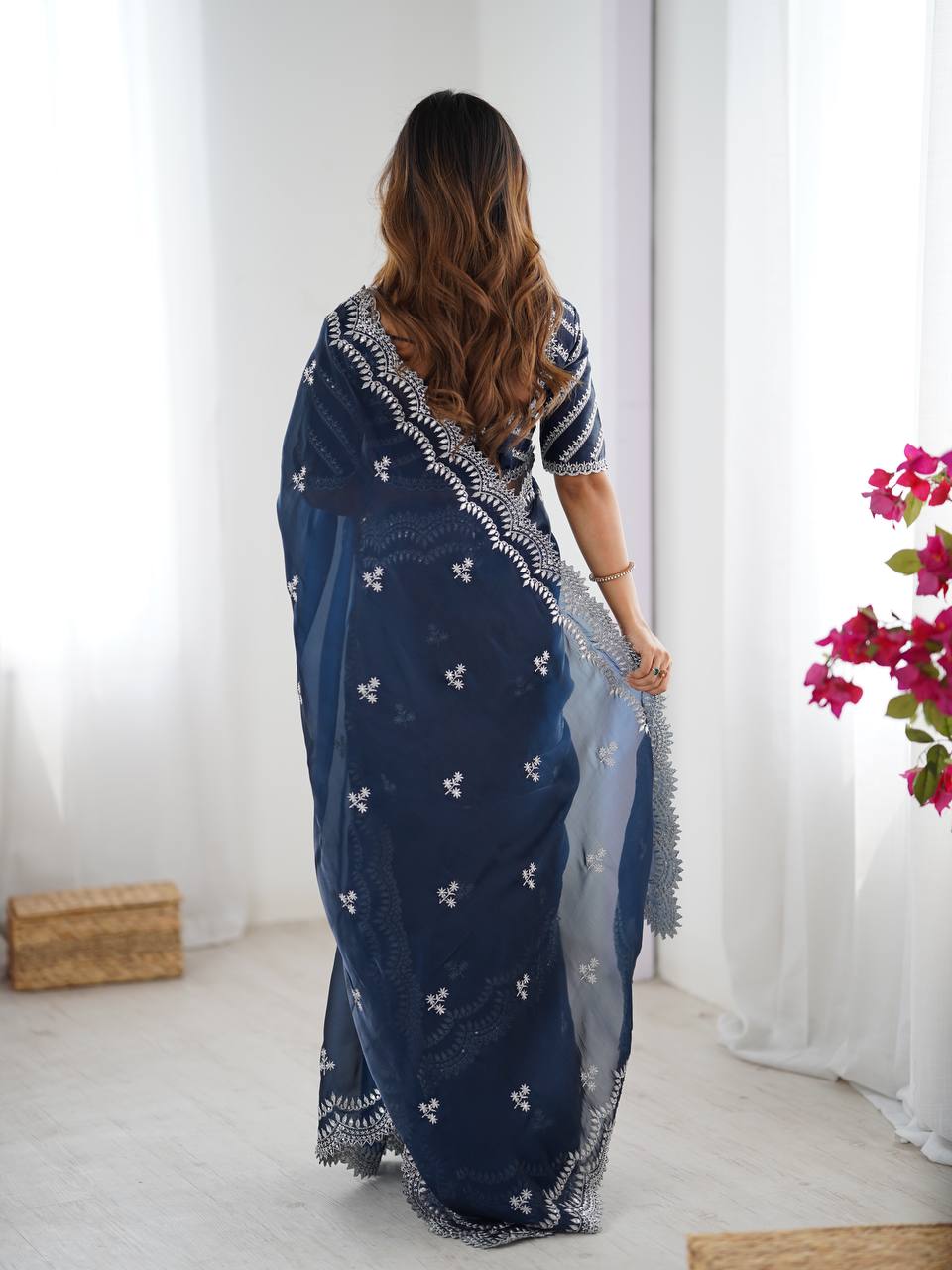 Women's Elegant Regal Purple Georgette Saree with Intricate Silver Thread & Sequin Embroidery – Complete with Embellished Blouse Piece for Festive & Party Wear