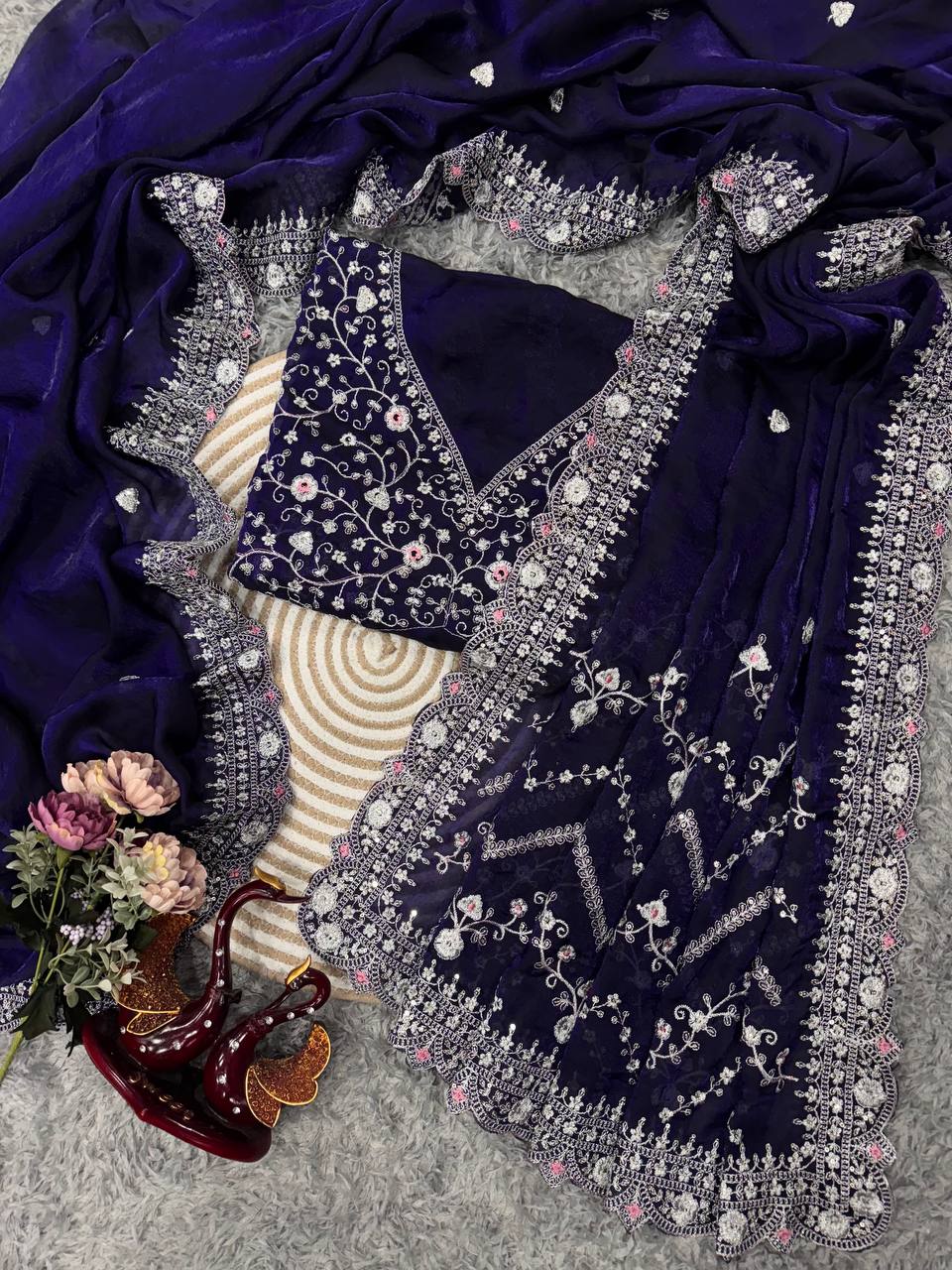 Royal Blue Embroidered Blouse Piece with Intricate Mirror, Sequin & Floral Threadwork – Ready-to-Stitch Fabric for Sarees & Festive Ethnic Wear