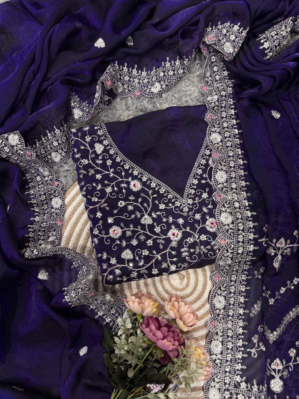 Royal Blue Embroidered Blouse Piece with Intricate Mirror, Sequin & Floral Threadwork – Ready-to-Stitch Fabric for Sarees & Festive Ethnic Wear