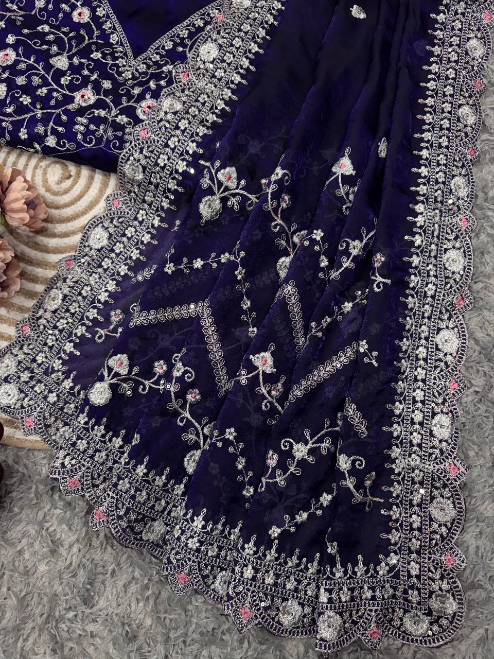 Royal Blue Embroidered Blouse Piece with Intricate Mirror, Sequin & Floral Threadwork – Ready-to-Stitch Fabric for Sarees & Festive Ethnic Wear