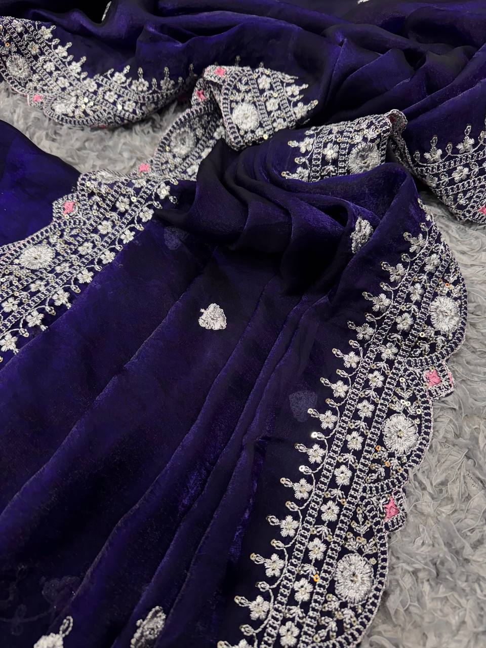 Royal Blue Embroidered Blouse Piece with Intricate Mirror, Sequin & Floral Threadwork – Ready-to-Stitch Fabric for Sarees & Festive Ethnic Wear