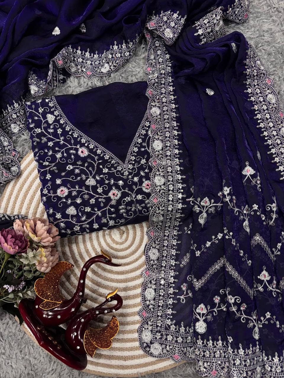 Royal Blue Embroidered Blouse Piece with Intricate Mirror, Sequin & Floral Threadwork – Ready-to-Stitch Fabric for Sarees & Festive Ethnic Wear