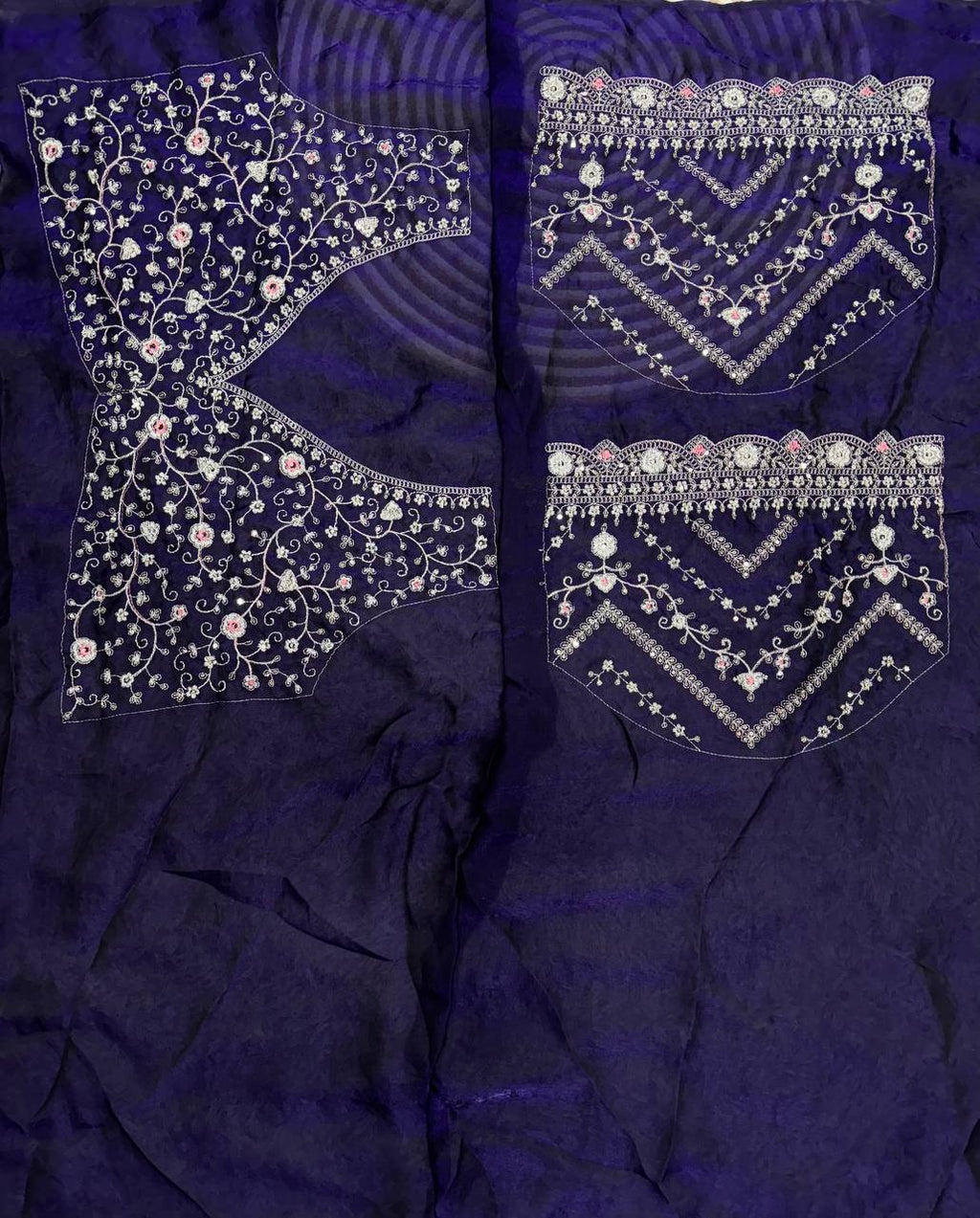 Royal Blue Embroidered Blouse Piece with Intricate Mirror, Sequin & Floral Threadwork – Ready-to-Stitch Fabric for Sarees & Festive Ethnic Wear