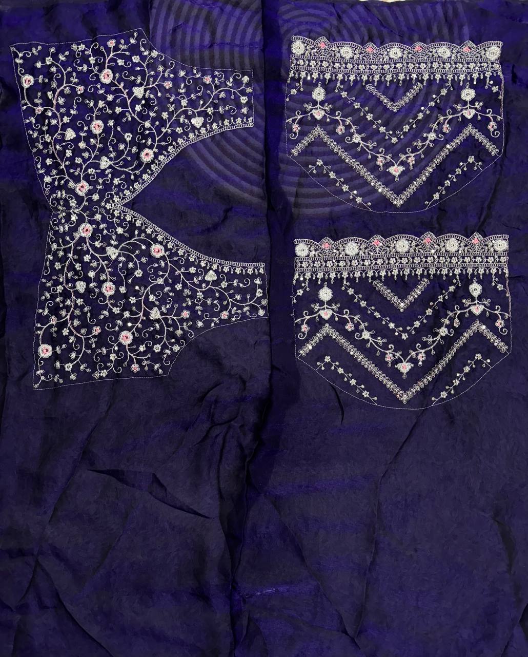 Royal Blue Embroidered Blouse Piece with Intricate Mirror, Sequin & Floral Threadwork – Ready-to-Stitch Fabric for Sarees & Festive Ethnic Wear