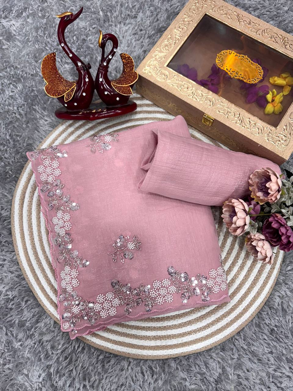 Women's Soft Pink Organza Saree with Delicate Pearl & Sequin Floral Embroidery – Lightweight Sheer Drape for Festive, Wedding & Party Wear