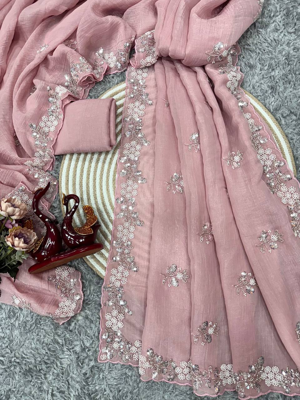 Women's Soft Pink Organza Saree with Delicate Pearl & Sequin Floral Embroidery – Lightweight Sheer Drape for Festive, Wedding & Party Wear