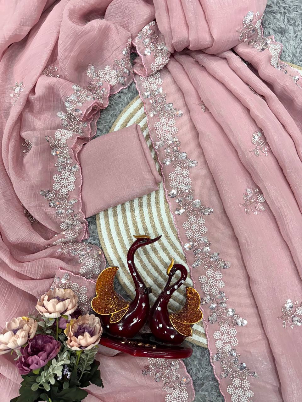 Women's Soft Pink Organza Saree with Delicate Pearl & Sequin Floral Embroidery – Lightweight Sheer Drape for Festive, Wedding & Party Wear