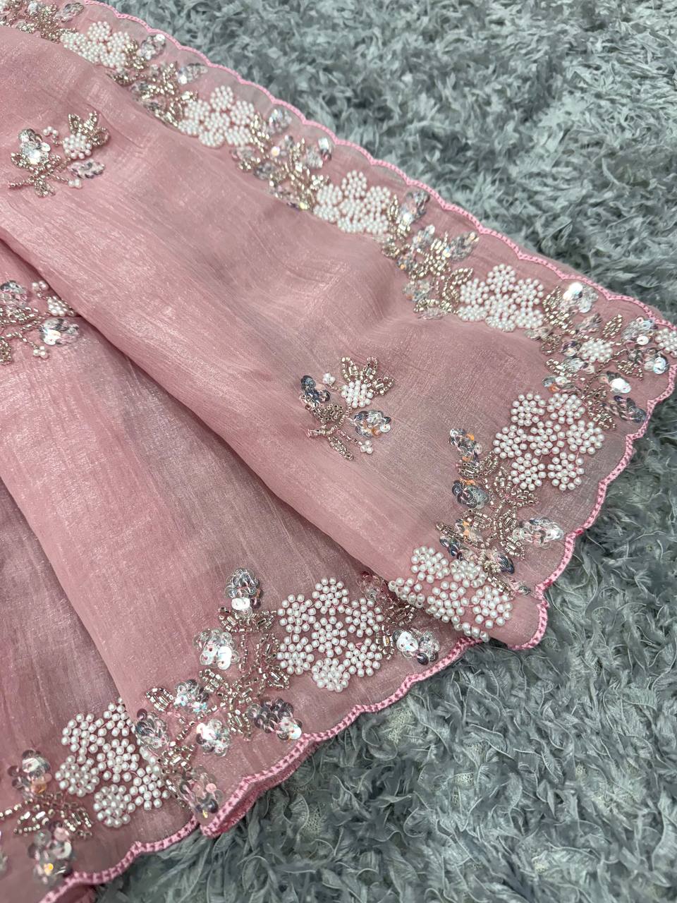 Women's Soft Pink Organza Saree with Delicate Pearl & Sequin Floral Embroidery – Lightweight Sheer Drape for Festive, Wedding & Party Wear