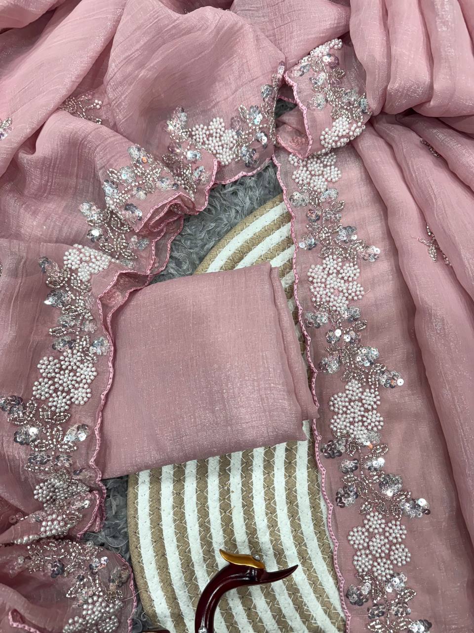 Women's Soft Pink Organza Saree with Delicate Pearl & Sequin Floral Embroidery – Lightweight Sheer Drape for Festive, Wedding & Party Wear