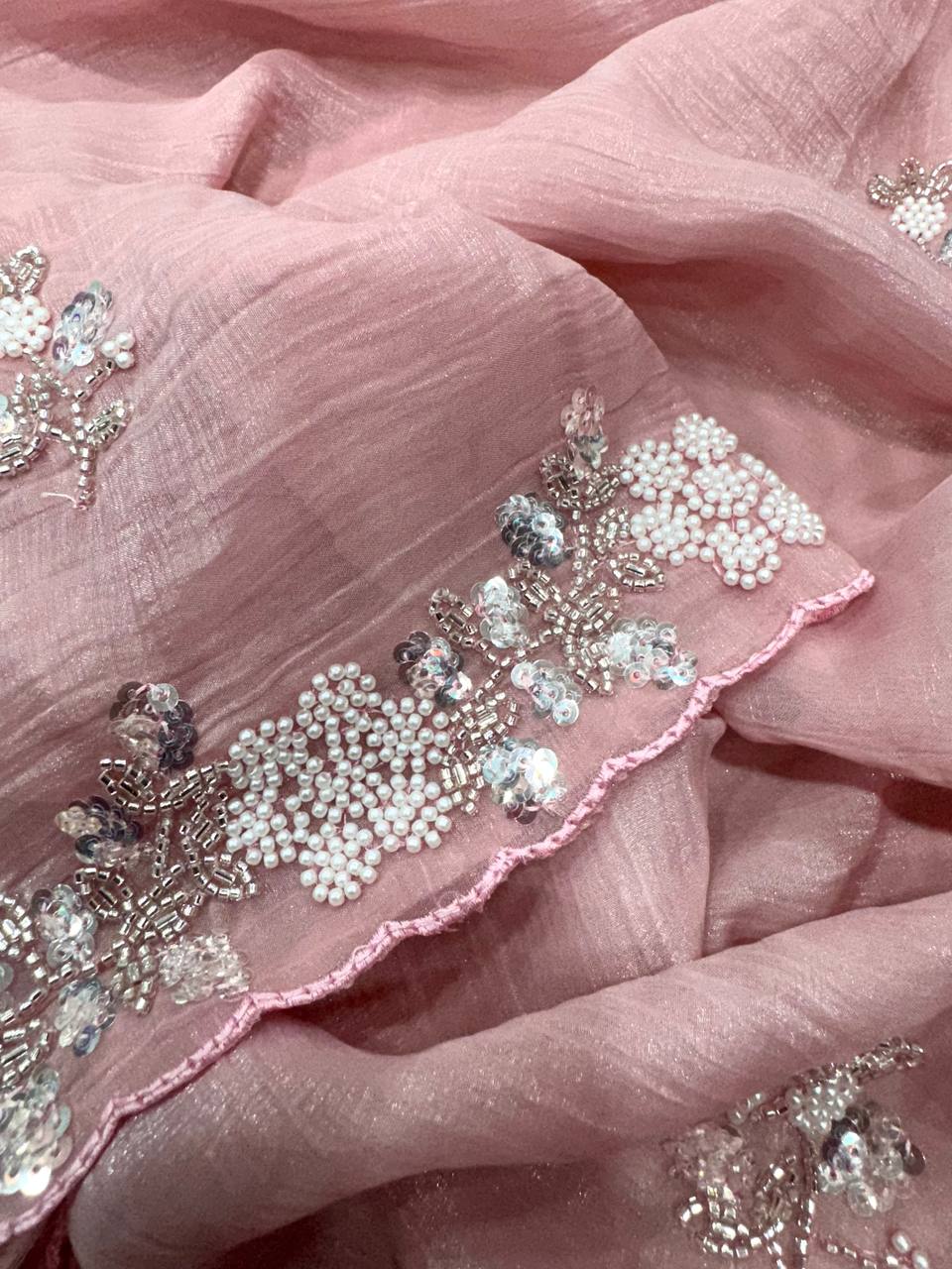 Women's Soft Pink Organza Saree with Delicate Pearl & Sequin Floral Embroidery – Lightweight Sheer Drape for Festive, Wedding & Party Wear