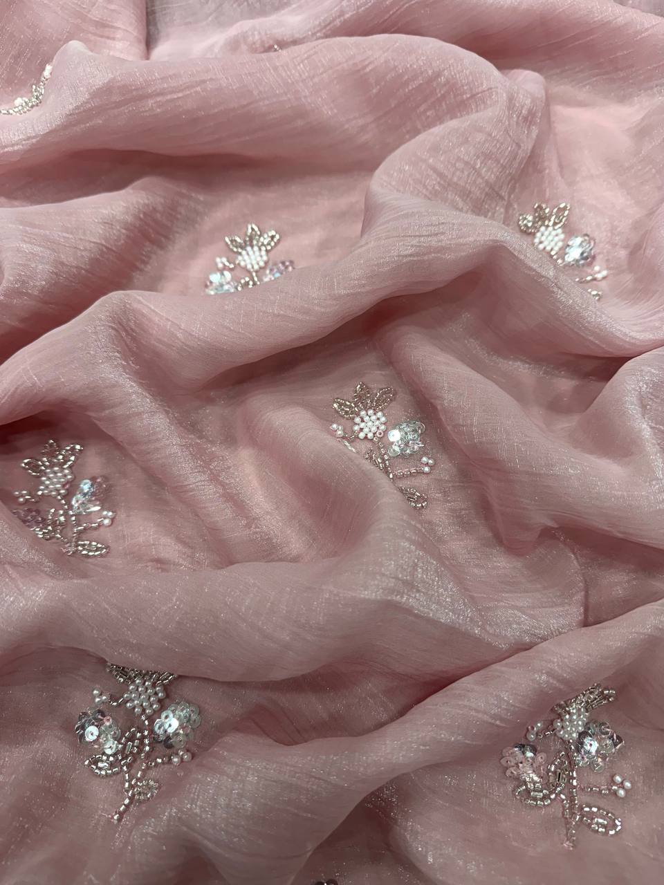 Women's Soft Pink Organza Saree with Delicate Pearl & Sequin Floral Embroidery – Lightweight Sheer Drape for Festive, Wedding & Party Wear