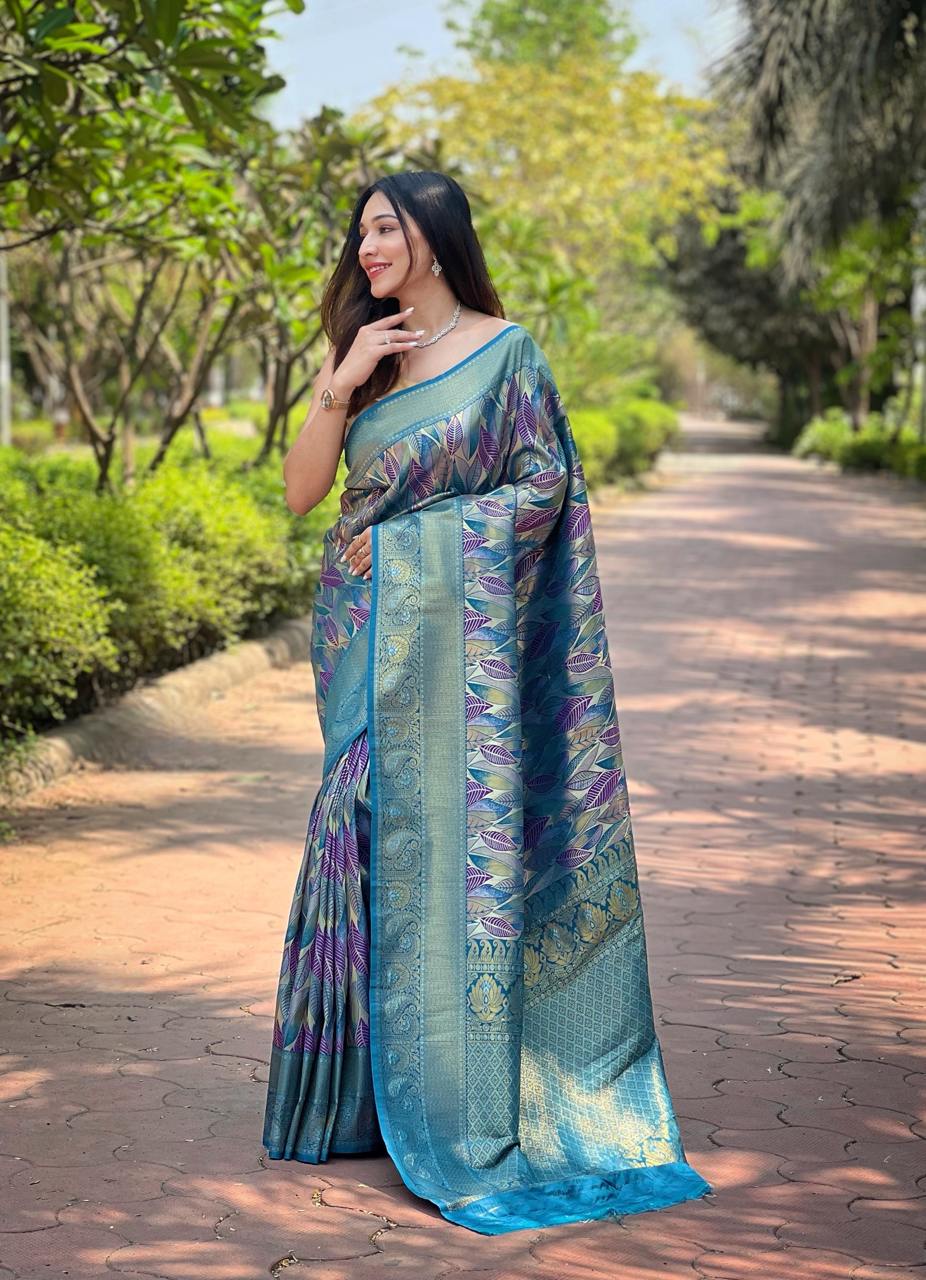 Women's Luxurious Pista Green & Pink Art Silk Saree with Intricate Leaf Weave & Broad Zari Border – Ideal for Festive & Wedding Occasions