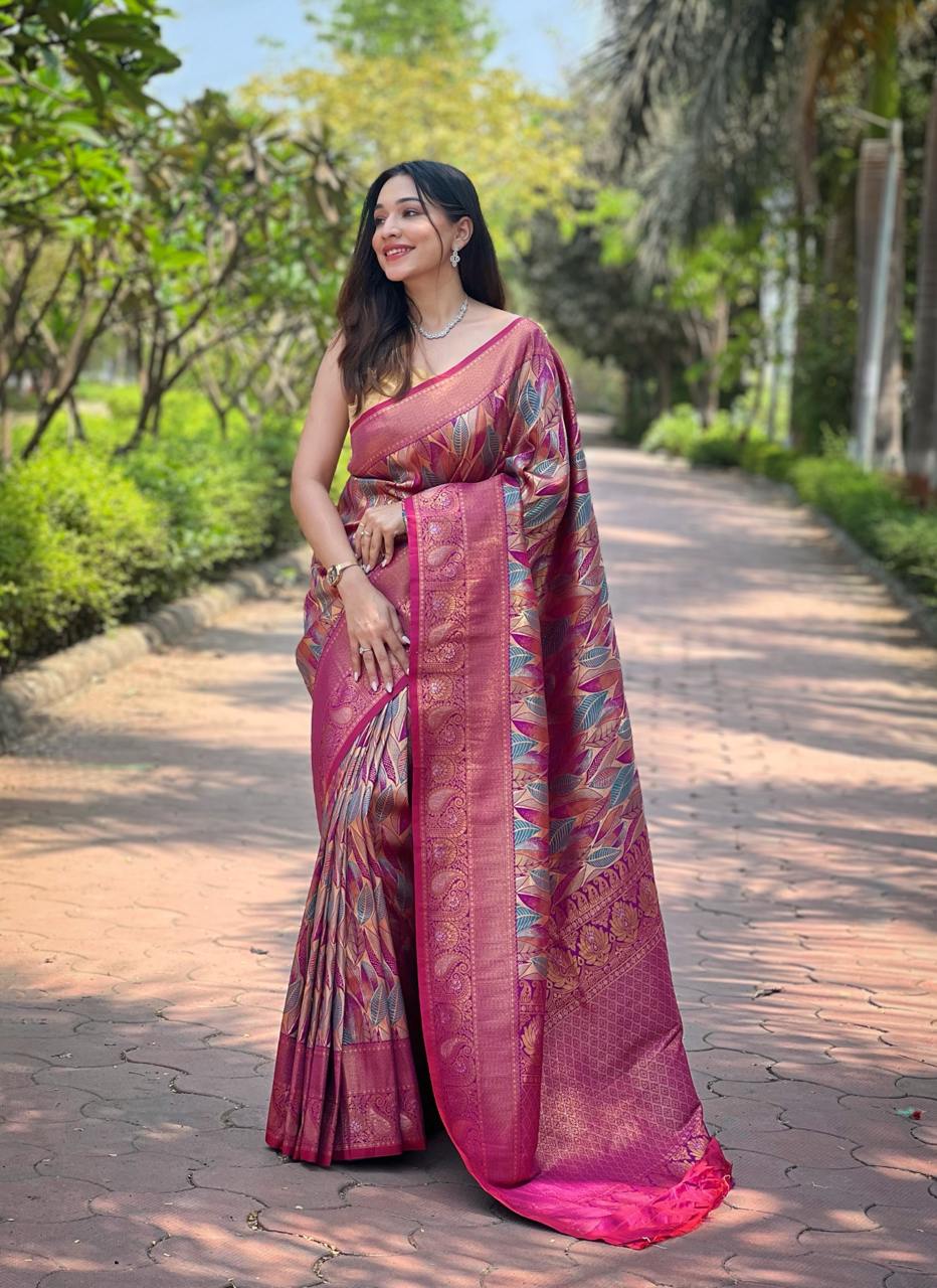 Women's Luxurious Pista Green & Pink Art Silk Saree with Intricate Leaf Weave & Broad Zari Border – Ideal for Festive & Wedding Occasions