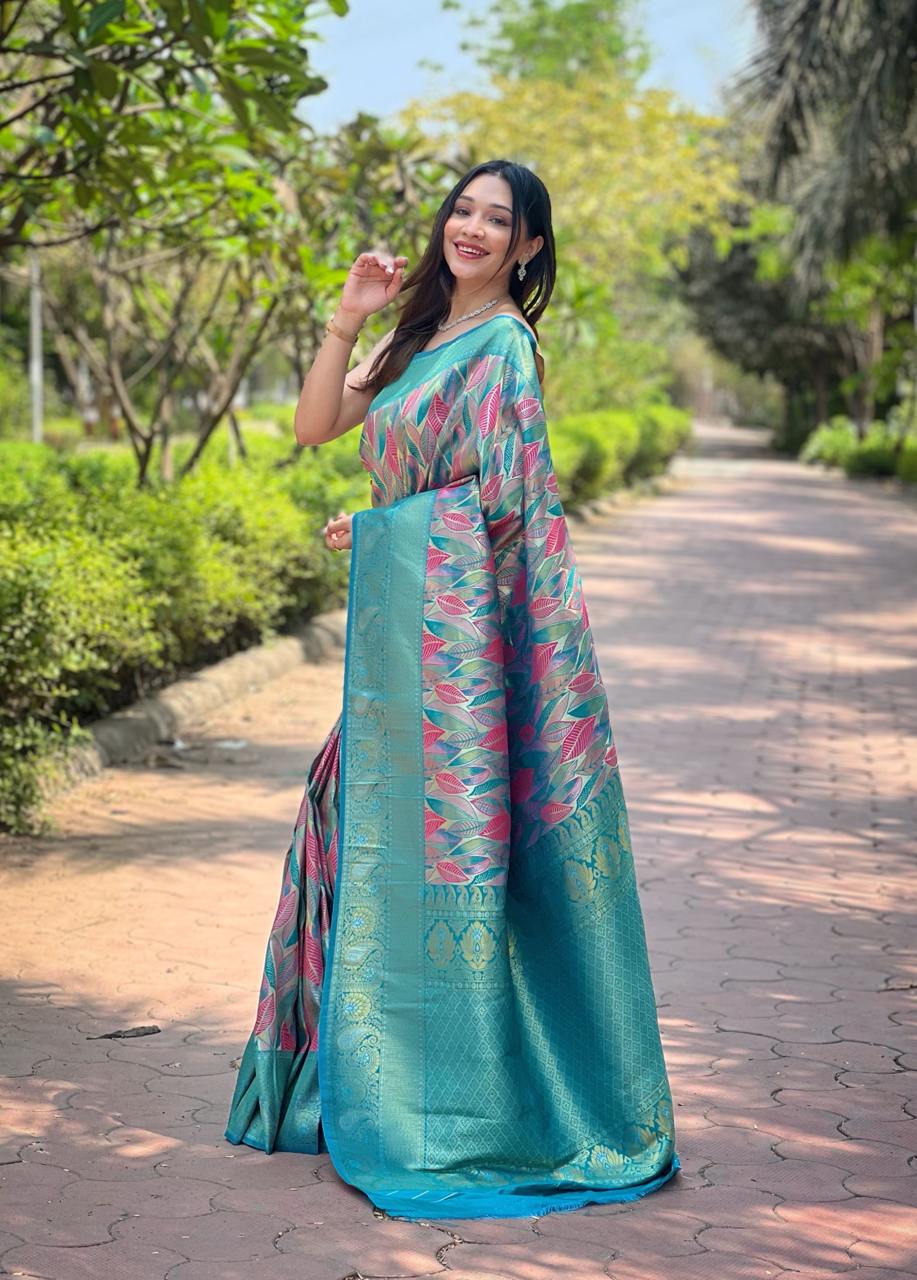 Women's Luxurious Pista Green & Pink Art Silk Saree with Intricate Leaf Weave & Broad Zari Border – Ideal for Festive & Wedding Occasions