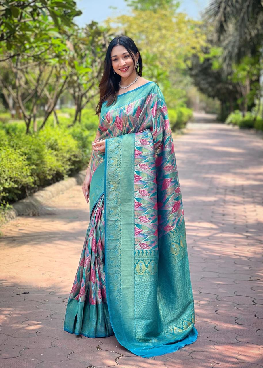 Women's Luxurious Pista Green & Pink Art Silk Saree with Intricate Leaf Weave & Broad Zari Border – Ideal for Festive & Wedding Occasions