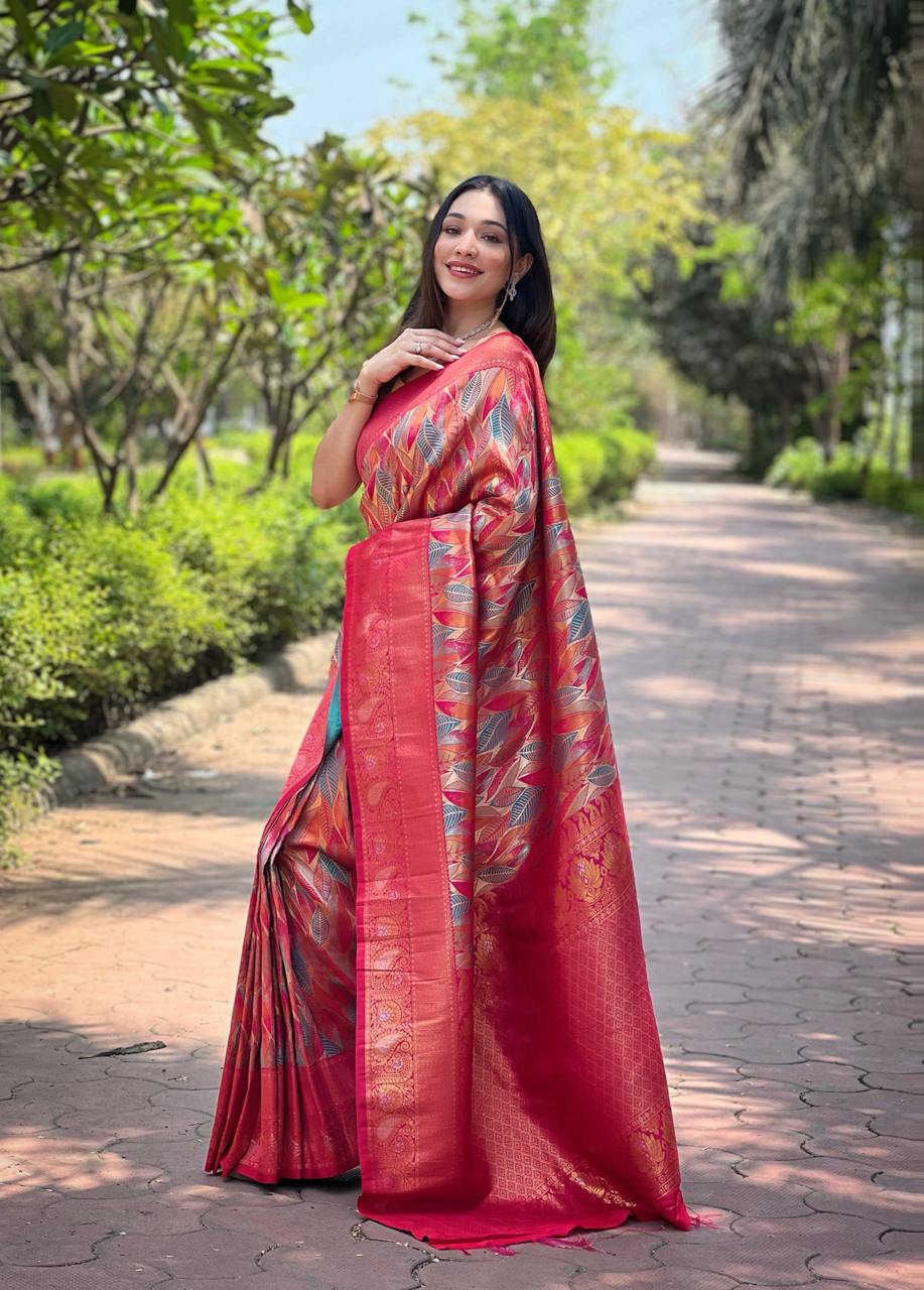 Women's Luxurious Pista Green & Pink Art Silk Saree with Intricate Leaf Weave & Broad Zari Border – Ideal for Festive & Wedding Occasions