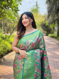 Women's Luxurious Pista Green & Pink Art Silk Saree with Intricate Leaf Weave & Broad Zari Border – Ideal for Festive & Wedding Occasions