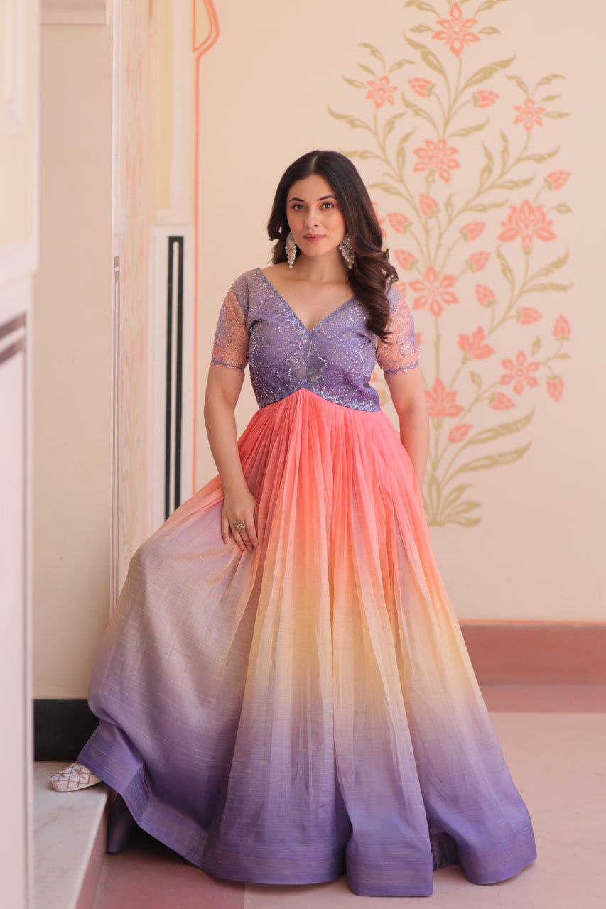 Women's Dual-Tone Ombre Gown in Candy Pink & Aqua Green with Embroidered Bodice – Festive & Contemporary Wear