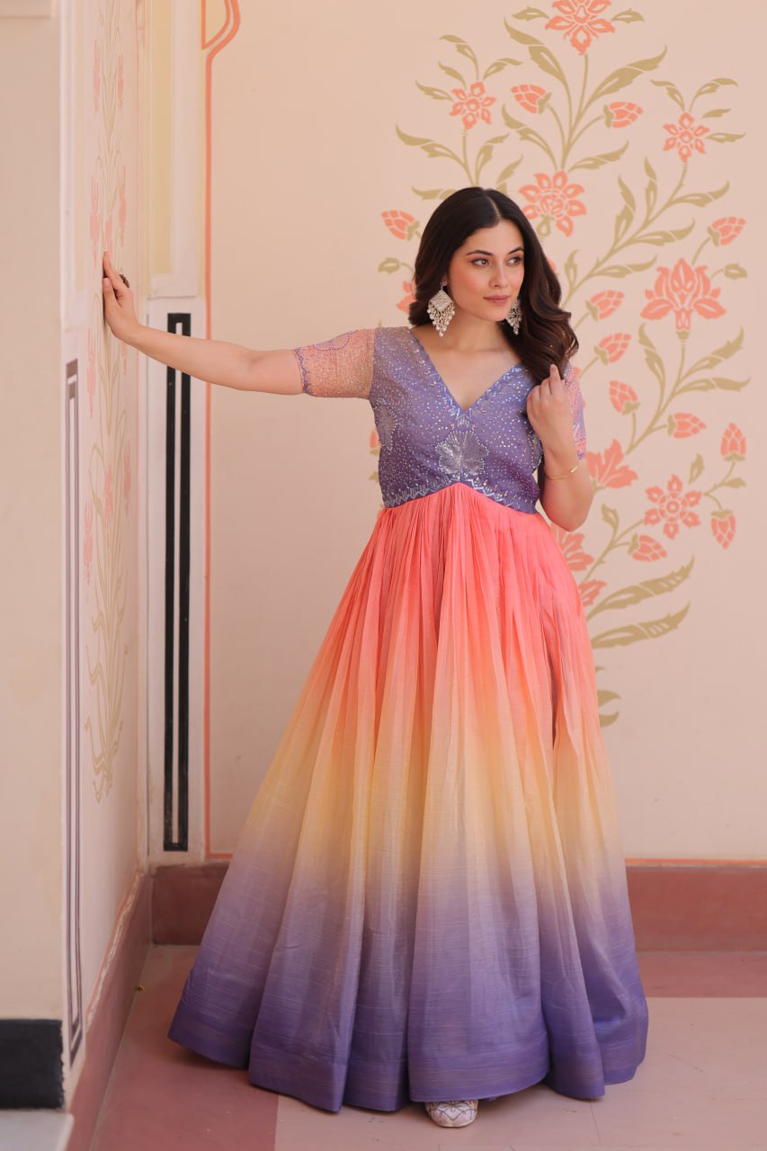 Women's Dual-Tone Ombre Gown in Candy Pink & Aqua Green with Embroidered Bodice – Festive & Contemporary Wear