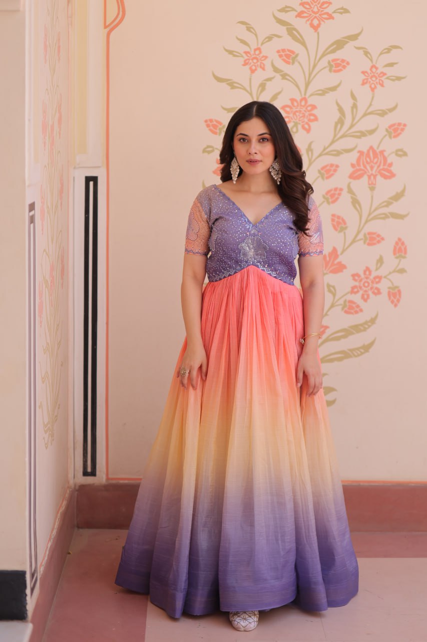Women's Dual-Tone Ombre Gown in Candy Pink & Aqua Green with Embroidered Bodice – Festive & Contemporary Wear