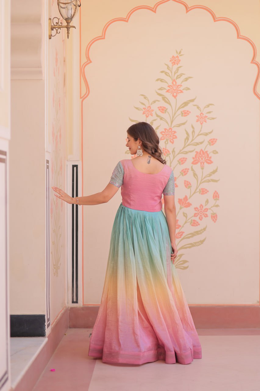 Women's Dual-Tone Ombre Gown in Candy Pink & Aqua Green with Embroidered Bodice – Festive & Contemporary Wear