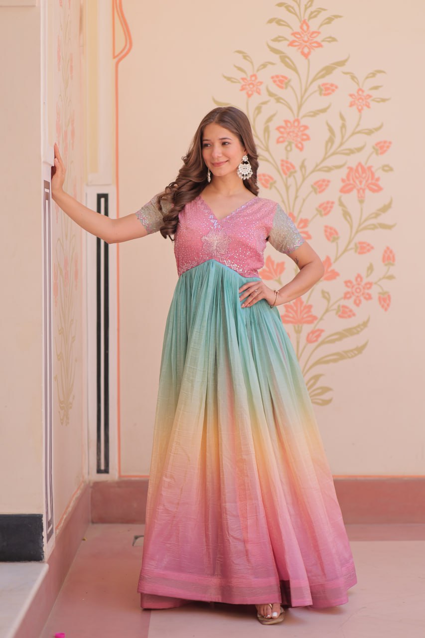 Women's Dual-Tone Ombre Gown in Candy Pink & Aqua Green with Embroidered Bodice – Festive & Contemporary Wear