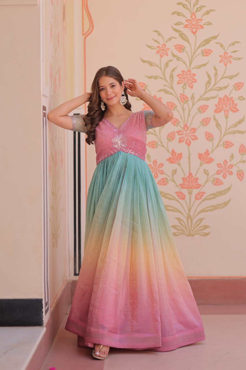 Women's Dual-Tone Ombre Gown in Candy Pink & Aqua Green with Embroidered Bodice – Festive & Contemporary Wear