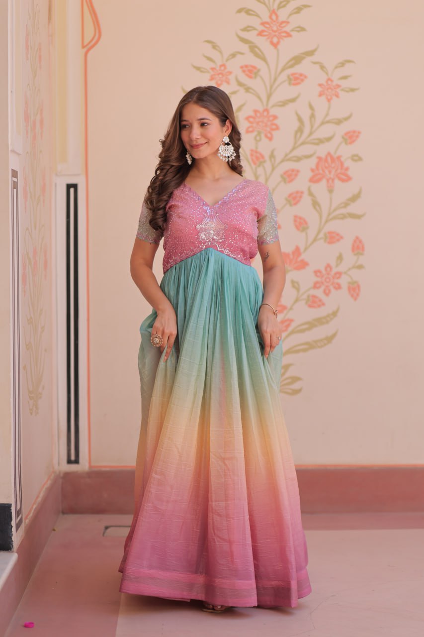 Women's Dual-Tone Ombre Gown in Candy Pink & Aqua Green with Embroidered Bodice – Festive & Contemporary Wear