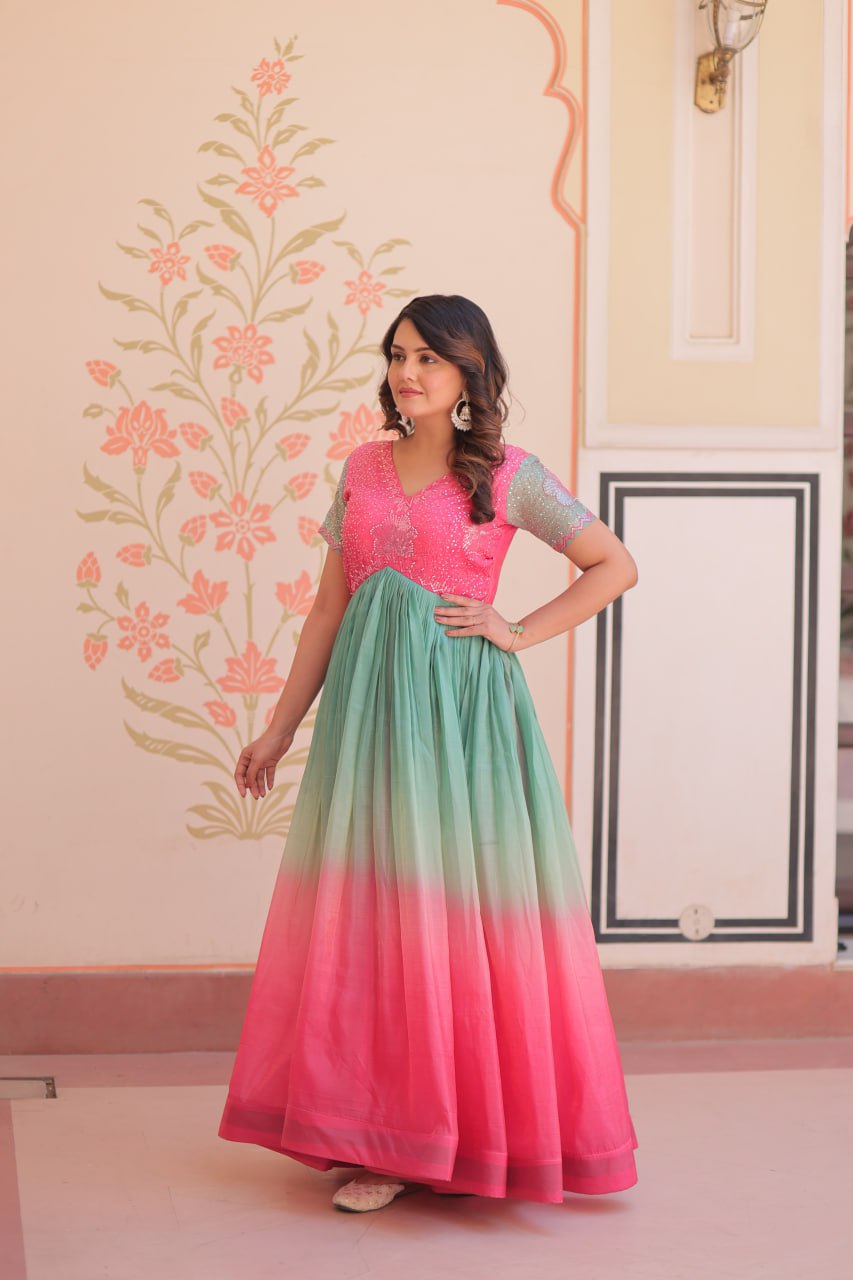 Women's Dual-Tone Ombre Gown in Candy Pink & Aqua Green with Embroidered Bodice – Festive & Contemporary Wear